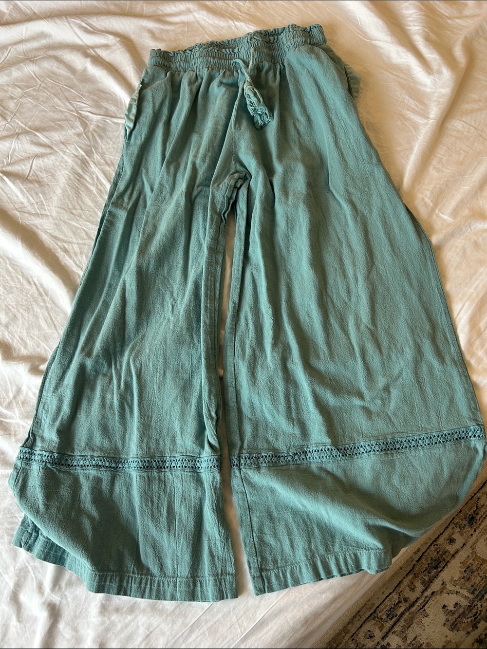 Cupshe Sage Green Wide-Leg Crochet-Trim Pants